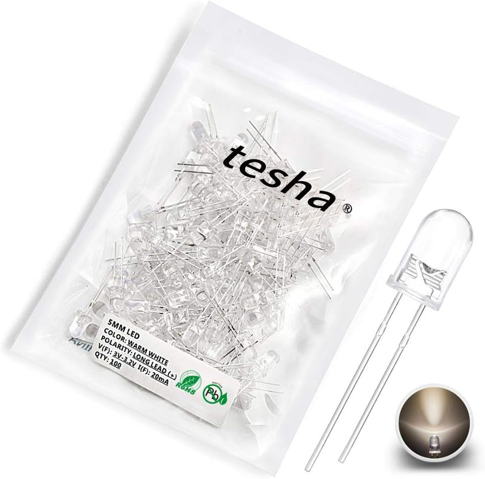 tesha 100 pcs 5mm Warm White LED Diode Lights (Clear Round Transparent DC 3V 20mA) Bright Lighting Bulb Lamps Electronics Components Indicator Light Emitting Diodes