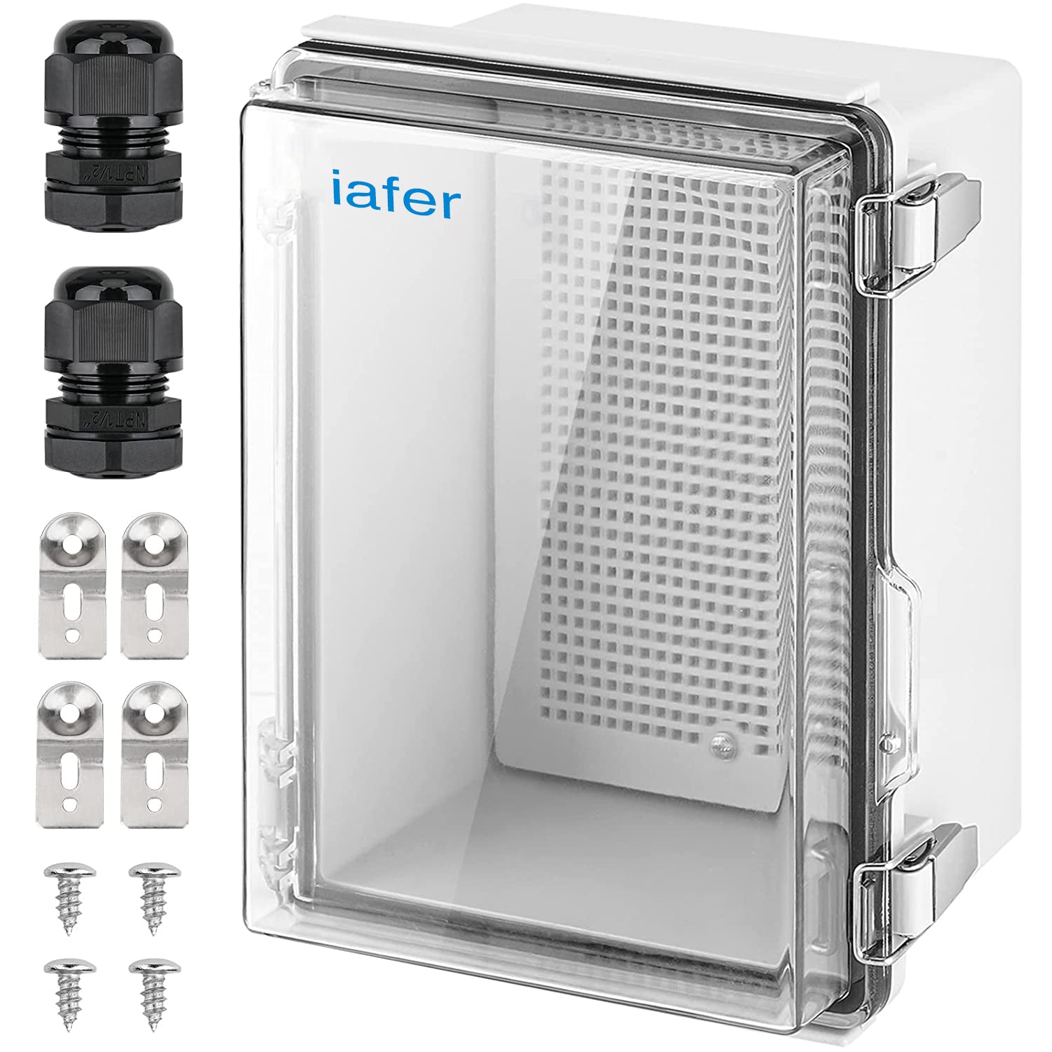 iafer Waterproof Electrical Junction Box IP67 ABS Plastic Enclosure with Hinged Cover with Mounting Plate, Wall Brackets, Cable Glands (Clear, 8.7"x6.7"x4.3")