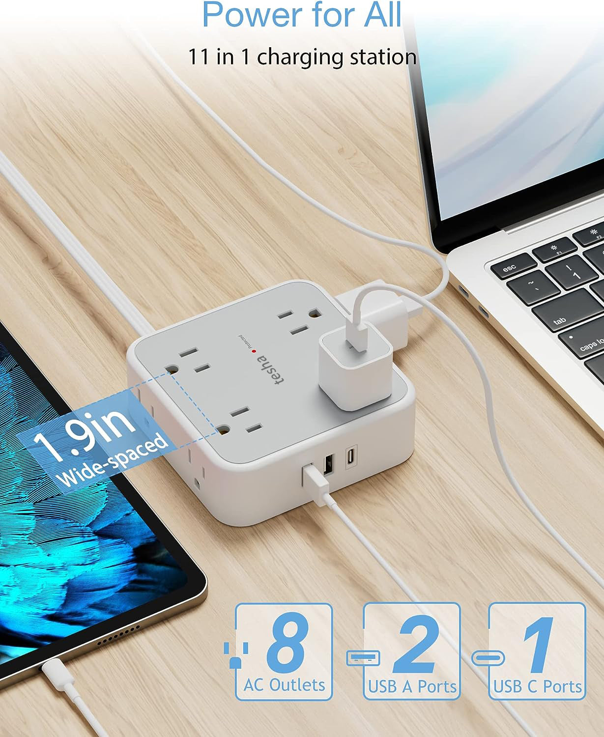 tesha Surge Protector Flat Extension Cord Flat Plug Power Strip, 8 AC Outlets, 3 USB Charger(1 USB C Port) 3-Sided Outlet Extender, 5 Ft, 900 Joules, Office Supplies, Dorm Room Essentials, grey