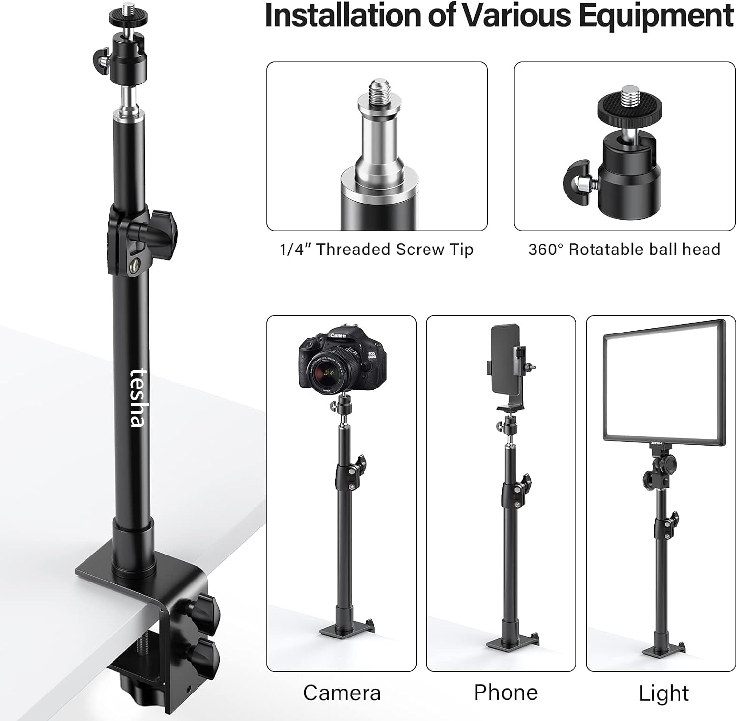 tesha 2-Pack Camera Desk Mount Stand with 1/4" Ball Head and Cold Shoe Mount Adapter,12.9-22" Tabletop Mounts Stand, Adjustable Aluminum Desktop Light Stand, for DSLR Camera, Ring Light, Video Light