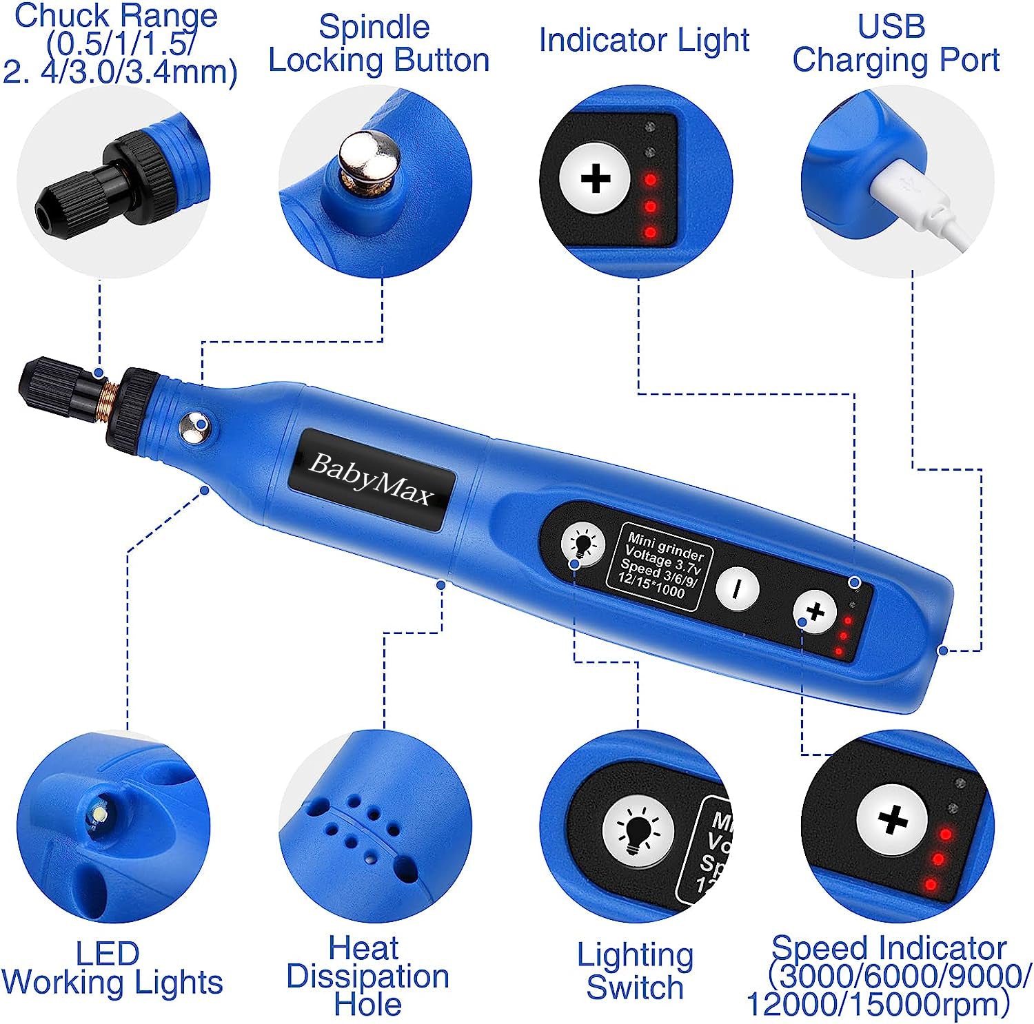 BABYMAX Cordless Rotary Tool, 3.7V Li-ion Mini Rotary Accessory Kit with LED Light, 5-Speed and USB Charging Power Tool with 60 Accessories for Drilling, Engraving, Sanding, Polishing, and Cutting