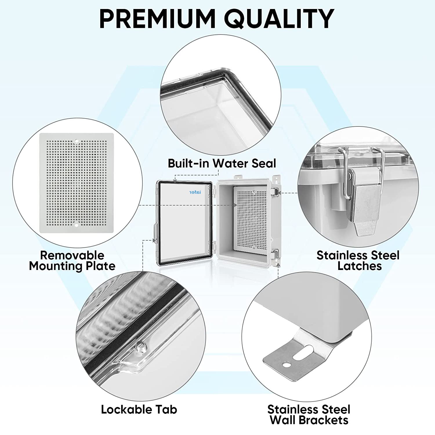 iafer Waterproof Electrical Junction Box IP67 ABS Plastic Enclosure with Hinged Cover with Mounting Plate, Wall Brackets, Cable Glands (Clear, 8.7"x6.7"x4.3")