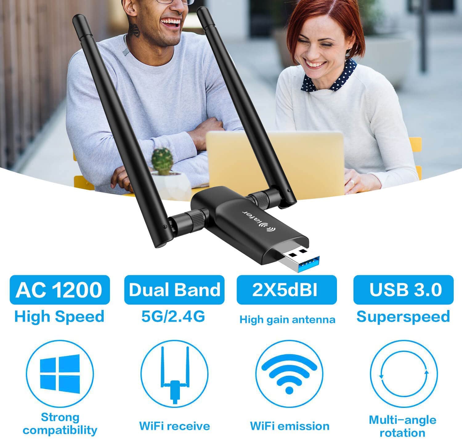 iafer WiFi Adapter for Desktop PC 1200Mbps - USB WiFi Adapter for PC 5G and 2.4G USB 3.0 WiFi Antenna for PC Windows 11,10, 7 Wireless Adapter for Desktop Computer Network Adapter PC WiFi Adapter