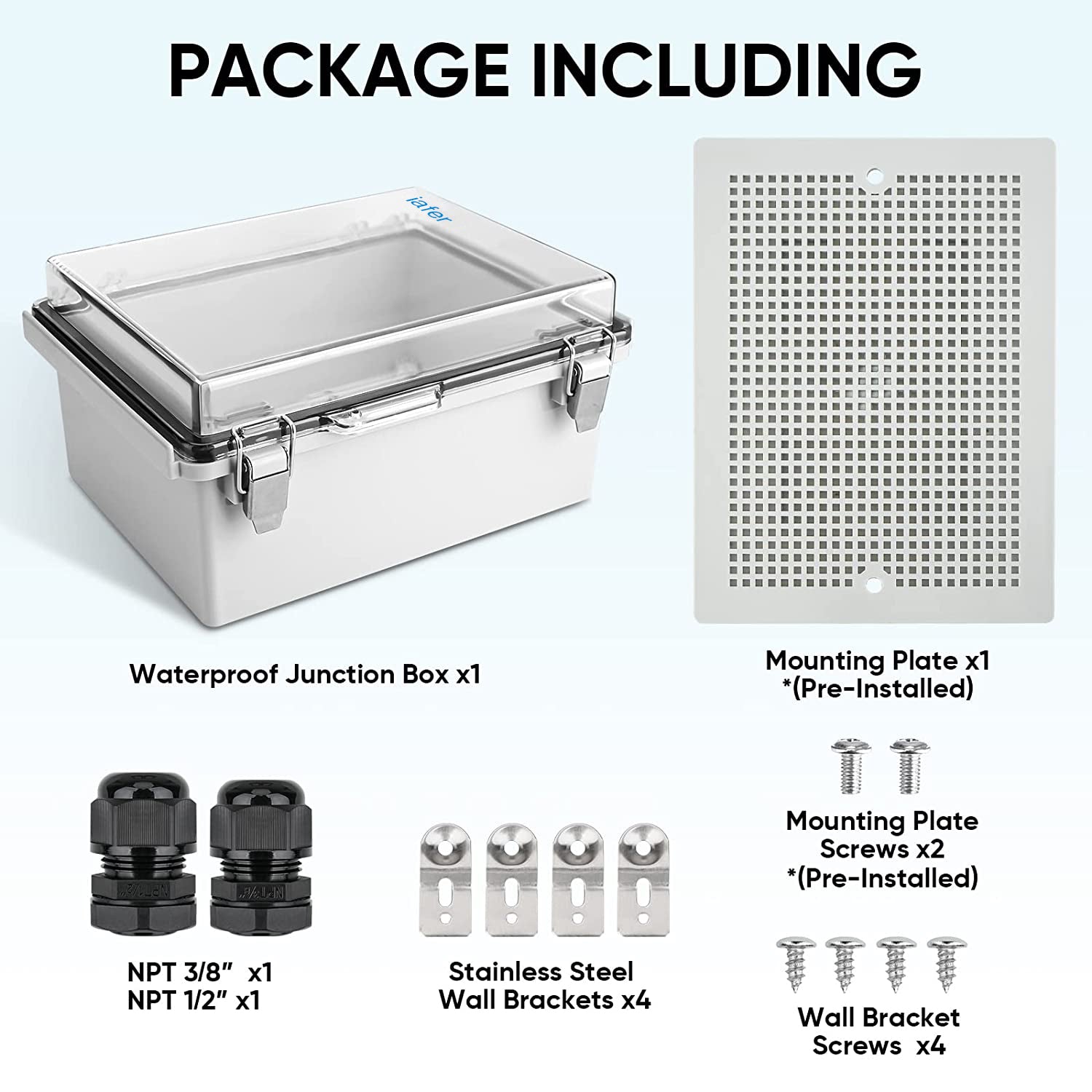 iafer Waterproof Electrical Junction Box IP67 ABS Plastic Enclosure with Hinged Cover with Mounting Plate, Wall Brackets, Cable Glands (Clear, 8.7"x6.7"x4.3")