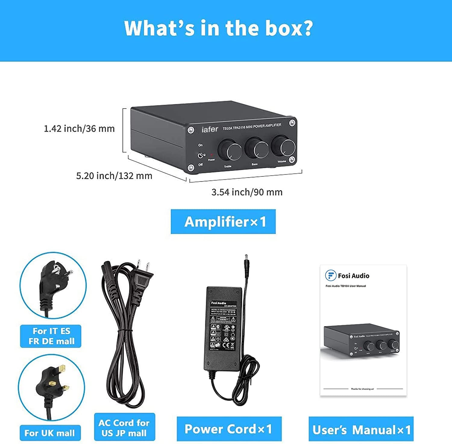 Audio TB10A 2 Channel Stereo Audio Amplifier Receiver Mini Hi-Fi Class D Integrated Amp 2.0CH for Home Speakers 100W x 2 with Bass and Treble Control TPA3116(with Power Supply)