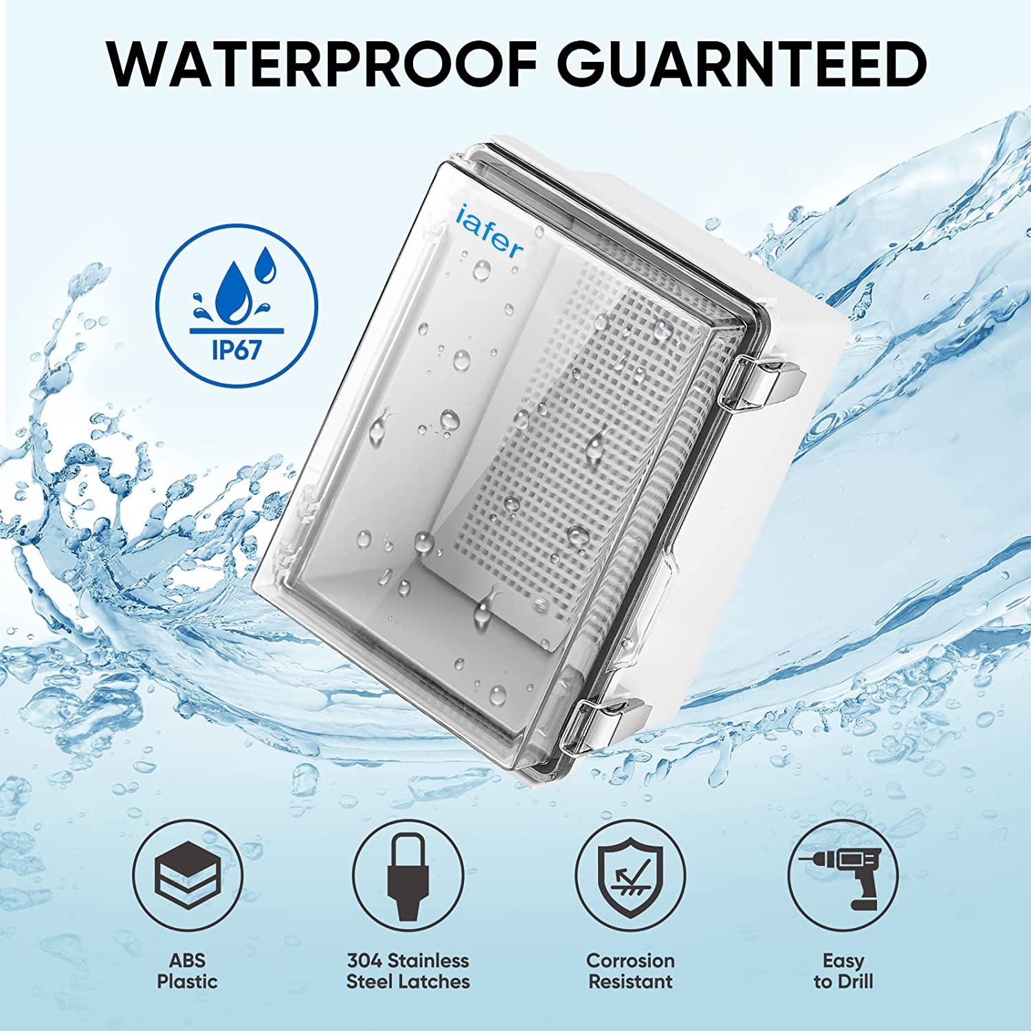 iafer Waterproof Electrical Junction Box IP67 ABS Plastic Enclosure with Hinged Cover with Mounting Plate, Wall Brackets, Cable Glands (Clear, 8.7"x6.7"x4.3")