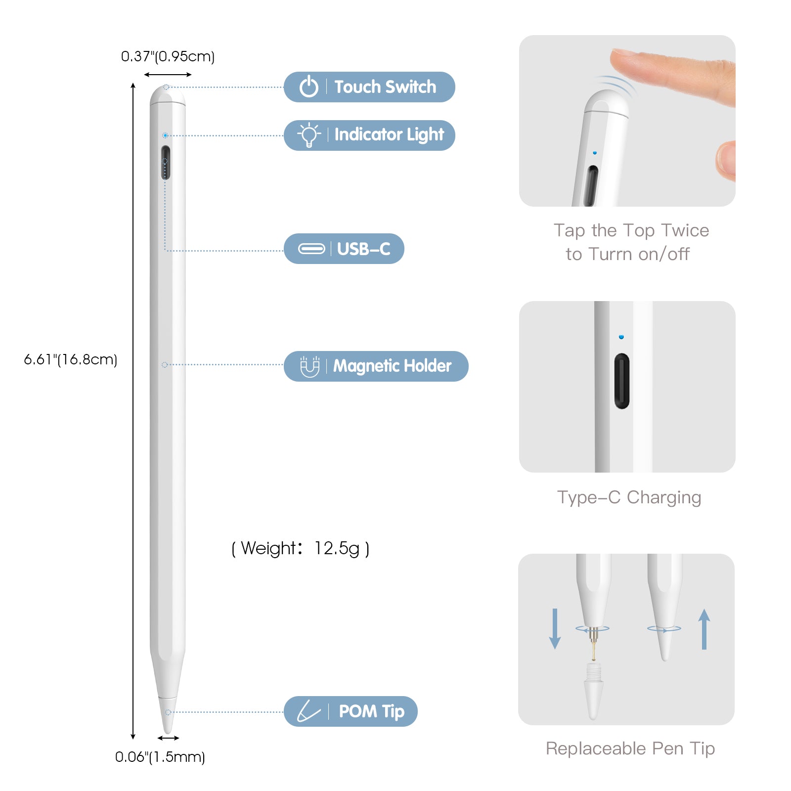 Rechargeable Palm Rejection Pencil for Apple iPad (2018 and Later) with Magnetic & Tilt Design - A2 Pro